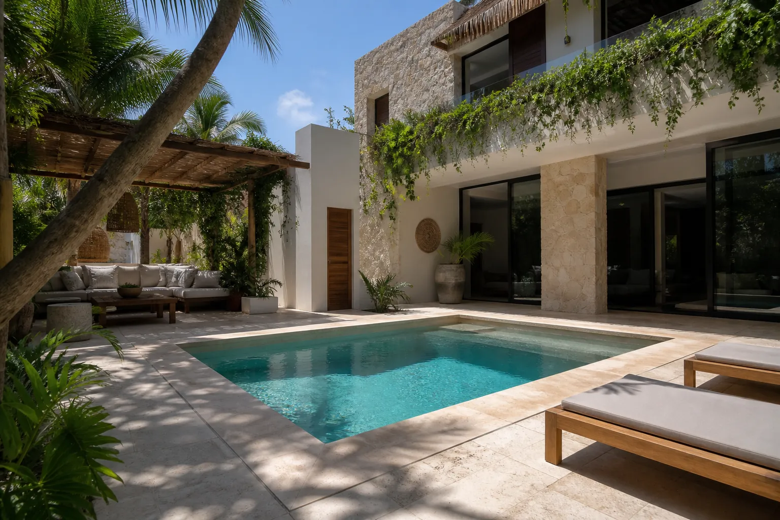 Villa en Puerto Morelos con alberca y palmeras